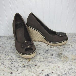 Tory Burch Brown Canvas Wedges Size 7.5